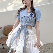Load image into Gallery viewer, Korean Sweet Chic Two Piece Set Women Lace-up Crop Top + High Waist A-line Skirt Suits Summer Short Shirt Blouse Skirt 2pcs Sets