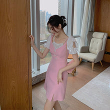 Load image into Gallery viewer, Korean Sweet Sexy Split Mini Dress Women French Fit Chic Patchwork Pink Chiffon Dress Casual Bow Short Sleeve Dress Summer 2021
