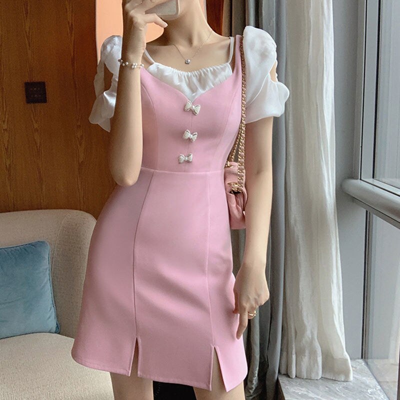 Korean Sweet Sexy Split Mini Dress Women French Fit Chic Patchwork Pink Chiffon Dress Casual Bow Short Sleeve Dress Summer 2021