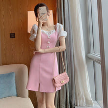 Load image into Gallery viewer, Korean Sweet Sexy Split Mini Dress Women French Fit Chic Patchwork Pink Chiffon Dress Casual Bow Short Sleeve Dress Summer 2021