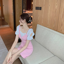 Load image into Gallery viewer, Korean Sweet Sexy Split Mini Dress Women French Fit Chic Patchwork Pink Chiffon Dress Casual Bow Short Sleeve Dress Summer 2021