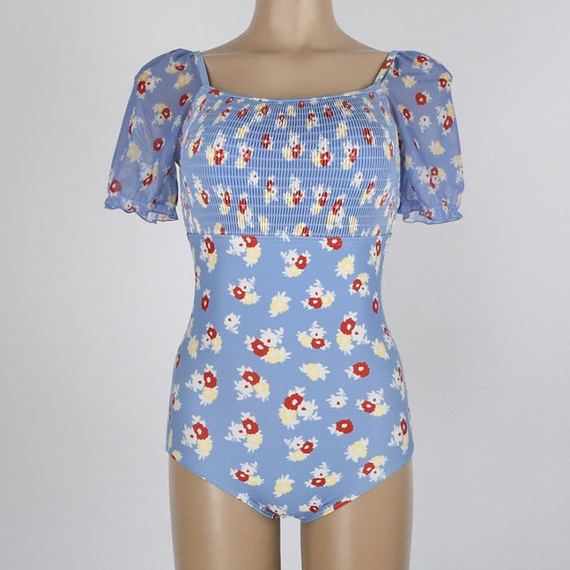 Korean Swimwear One Piece Swimwear Women Flower Swimwear Half Sleeve Swimsuit Padded Bathing Suit sexy Monokini Beachwear Summer