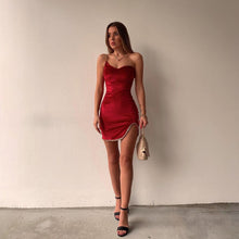Load image into Gallery viewer, Korean Velvet One Shoulder Open Back Chain Sling Tight Fitting Dress Pure Red Slash Neck Sleeveless Sexy Chic Female Vestido