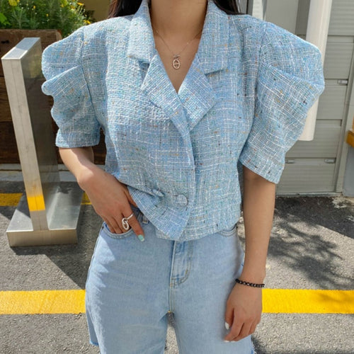 Korean Vintage Tweed Tops 2021 Summer Elegant Notched Collar Ladies Puff Sleeve Short Chic Jackets Coat
