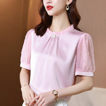 Load image into Gallery viewer, Korean Women&#39;s Shirt Chiffon Blouse for Women Embroidered Flores Shirt Pink Stand Neck Blouse Top Female 2021 Woman Basic Shirts