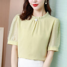 Load image into Gallery viewer, Korean Women&#39;s Shirt Chiffon Blouse for Women Embroidered Flores Shirt Pink Stand Neck Blouse Top Female 2021 Woman Basic Shirts