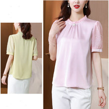 Load image into Gallery viewer, Korean Women&#39;s Shirt Chiffon Blouse for Women Embroidered Flores Shirt Pink Stand Neck Blouse Top Female 2021 Woman Basic Shirts