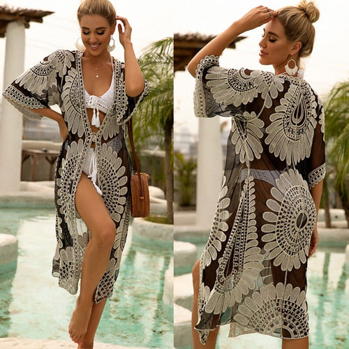 Lace Beach Cover Up Kimono Cardigan Beachwear Women 2021 Mesh Black Coverup Swimwear Dress Sexy Bathing Suits Bikini Blouse