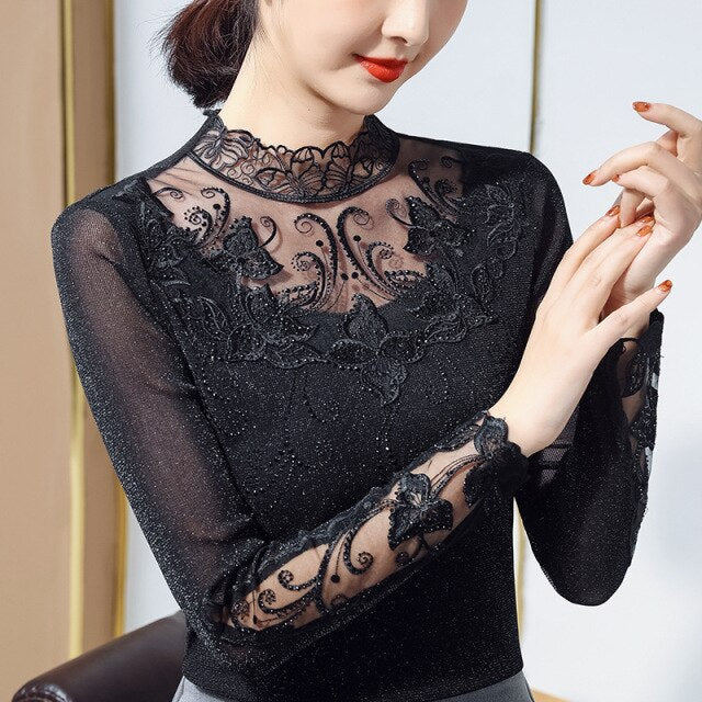 Lace Bottoming Shirt Women Spring Long-sleeved High-neck Thin Mesh Top Elegant Slim Hot Drilling Plus Size Women T-Shirt