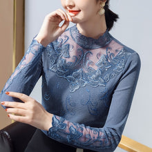 Load image into Gallery viewer, Lace Bottoming Shirt Women Spring Long-sleeved High-neck Thin Mesh Top Elegant Slim Hot Drilling Plus Size Women T-Shirt