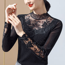 Load image into Gallery viewer, Lace Bottoming Shirt Women Spring Long-sleeved High-neck Thin Mesh Top Elegant Slim Hot Drilling Plus Size Women T-Shirt