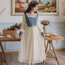 Load image into Gallery viewer, Lace Dress Gentle Female Denim Blue Spelling Square Collar Elegant Sweet First Love French Dress Autumn Fairy Vestidos de fiesta