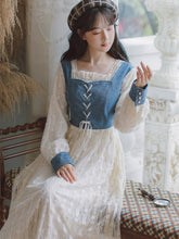 Load image into Gallery viewer, Lace Dress Gentle Female Denim Blue Spelling Square Collar Elegant Sweet First Love French Dress Autumn Fairy Vestidos de fiesta