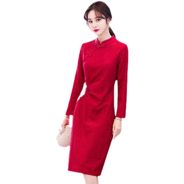 Lace Embroidered Improved Cheongsam Dress Women Long Sleeve Stand Collar Split Fork Elegant Chinese Style Wedding Dresses Female