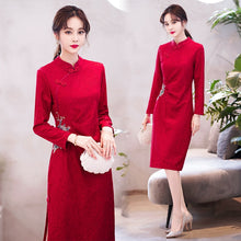 Load image into Gallery viewer, Lace Embroidered Improved Cheongsam Dress Women Long Sleeve Stand Collar Split Fork Elegant Chinese Style Wedding Dresses Female