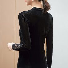Load image into Gallery viewer, Lace Embroidery Stitching Velvet T-Shirt New 2021 Autumn Winter Long Sleeve Black Women&amp;#39;s Tops Plus Size M-4XL Lady Shirt