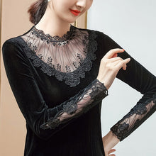 Load image into Gallery viewer, Lace Embroidery Stitching Velvet T-Shirt New 2021 Autumn Winter Long Sleeve Black Women&amp;#39;s Tops Plus Size M-4XL Lady Shirt