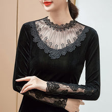 Load image into Gallery viewer, Lace Embroidery Stitching Velvet T-Shirt New 2021 Autumn Winter Long Sleeve Black Women&amp;#39;s Tops Plus Size M-4XL Lady Shirt