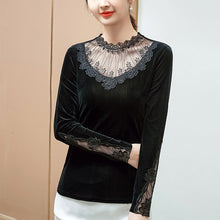 Load image into Gallery viewer, Lace Embroidery Stitching Velvet T-Shirt New 2021 Autumn Winter Long Sleeve Black Women&amp;#39;s Tops Plus Size M-4XL Lady Shirt