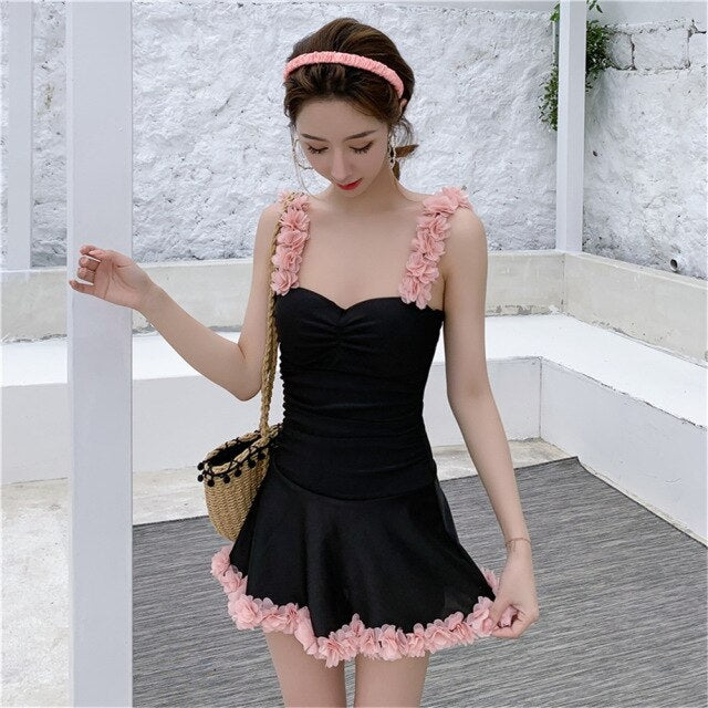 Lace Floral One Piece Swimsuit For Women Solid Swimwear With Skirt Korea Monokini Ruffle Swim Suits Bandeau Bathing Suits Black