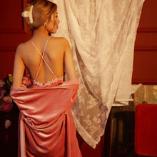 Load image into Gallery viewer, Lace Folwer Bathrobe Gown Velvet 2Pieces Warm Winter Pajamas Sets Women Sexy Robe Pajama Sleepwear Suit Sleeveless Nightwear