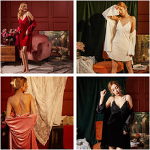Load image into Gallery viewer, Lace Folwer Bathrobe Gown Velvet 2Pieces Warm Winter Pajamas Sets Women Sexy Robe Pajama Sleepwear Suit Sleeveless Nightwear