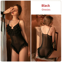 Load image into Gallery viewer, Lace Gauze Perspective Robe Onesies For Adults Women Sexy Lingerie Femme Sweet Cute Sleepwear Erotica Open Crotch Bodysuit