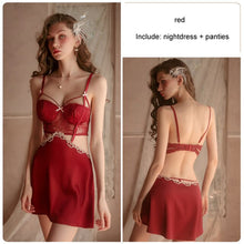 Load image into Gallery viewer, Lace Hollow Deep V Sexy Pajamas Backless Temptation Sling Nightdress with Chest Pad Luxury Silk Night Dress Women&#39;s Homewear Set