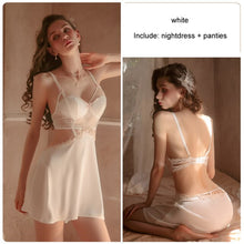 Load image into Gallery viewer, Lace Hollow Deep V Sexy Pajamas Backless Temptation Sling Nightdress with Chest Pad Luxury Silk Night Dress Women&#39;s Homewear Set