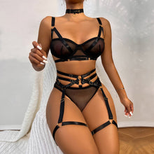 Load image into Gallery viewer, Lace Lingerie Sexy See Through Bra and Panty Set Womens Transparent Nightwear Bandage Patchwork 4 Pieces Mesh Intimate Costume