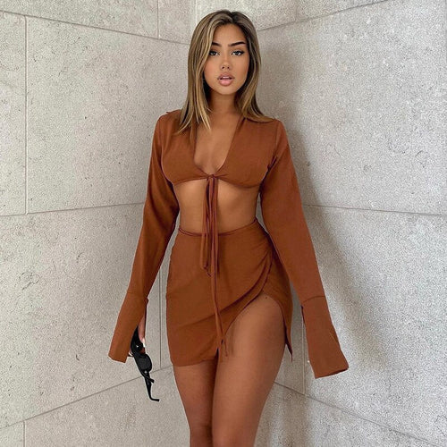 Lace Long Sleeve Split Skirt Suit Women 2021 European and American Fashion Sexy Early Autumn Suit Lady Street Slim Evening Dress
