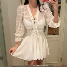 Load image into Gallery viewer, Lace One Piece Swimsuit Women Solid Swimwear Long Sleeve Monokini Mesh Swim Suit Korea Skirted Trikini Lace Up Bathing Suit Pad