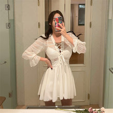 Load image into Gallery viewer, Lace One Piece Swimsuit Women Solid Swimwear Long Sleeve Monokini Mesh Swim Suit Korea Skirted Trikini Lace Up Bathing Suit Pad