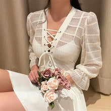 Load image into Gallery viewer, Lace One Piece Swimsuit Women Solid Swimwear Long Sleeve Monokini Mesh Swim Suit Korea Skirted Trikini Lace Up Bathing Suit Pad