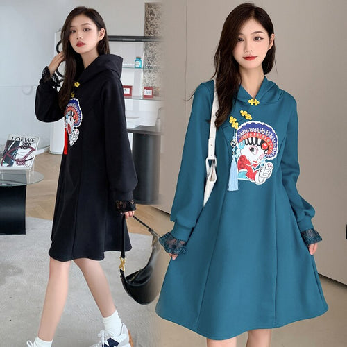 Lace Patchwork Long Sleeve Retro Buckle Hooded Sweater Women Winter Thicken Chinese Style Cheongsam Hoodies Female Casual Top