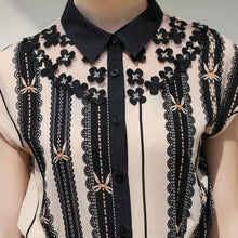 Load image into Gallery viewer, Lace Ruffles Office Lady Blouse Girls Shirts Sweet  Lovely Lolita Plaid Short Sleeve Shirt Women Princess Costume Tops  Bow