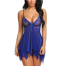 Load image into Gallery viewer, Lace See through Visible Mesh Lingerie Babydoll Nightgown With Thong Women Sexy Sleepwear Nightdress Spaghetti Strap Sleepdress