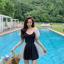 Load image into Gallery viewer, Lace Skirt One Piece Swimsuit Women Solid Black Swimwear Mesh Peral Monokini Ruffle Short Sleeve Bathing Suit Flounce Push Up