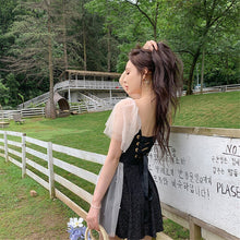 Load image into Gallery viewer, Lace Skirt One Piece Swimsuit Women Solid Black Swimwear Mesh Peral Monokini Ruffle Short Sleeve Bathing Suit Flounce Push Up