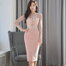 Load image into Gallery viewer, Lace Stitching Dress 2021 Spring New New Korean Style Ladies Temperament O-Neck Long Sleeve Slim Lace Bodycon Dress Women Dress