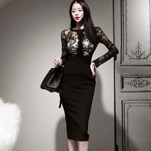Load image into Gallery viewer, Lace Stitching Dress 2021 Spring New New Korean Style Ladies Temperament O-Neck Long Sleeve Slim Lace Bodycon Dress Women Dress