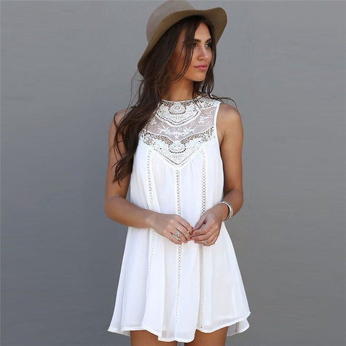 Lace Stitching Sleeveless Summer Women Chiffon Mini Dress Lady Fashion Elegant White Dresses Robe Courte Femme Vestido De Mujer