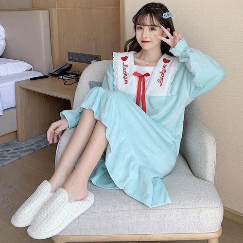 Lace Trim Sleep Dress Women Nightgown Sexy Flannel Sleepwear Intimate Lingerie Loose Nightwear Home Dressing Winter Lounge Wear