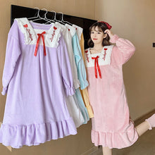 Load image into Gallery viewer, Lace Trim Sleep Dress Women Nightgown Sexy Flannel Sleepwear Intimate Lingerie Loose Nightwear Home Dressing Winter Lounge Wear