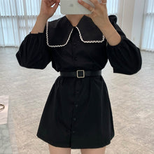 Load image into Gallery viewer, Lace Turn Down Collar Single Breasted Woman Dress Elegant Lace Up Waist Puff Sleeve Robe Femme with Belt Casual Fashion Vestidos
