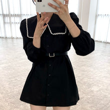 Load image into Gallery viewer, Lace Turn Down Collar Single Breasted Woman Dress Elegant Lace Up Waist Puff Sleeve Robe Femme with Belt Casual Fashion Vestidos