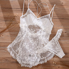 Load image into Gallery viewer, Lace pyjamas Sexy Women Nightwear Thong Set with Suspenders Deep V Open Back Home Clothing Temptation Sleepwear Women Lingerie