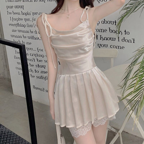 Lace-up Spaghetti Strap Square Neck Satin Dresses For Women Party Elegant Backless Mini Pleated Robes Sundress Fashion Vestidos