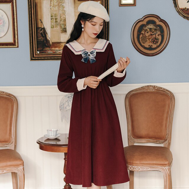 Ladies Bowknot Navy Neck Retro Dress Women College Style Long Sleeve Dresses Red French Elegant Vestido Midi Female Autumn