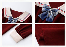 Load image into Gallery viewer, Ladies Bowknot Navy Neck Retro Dress Women College Style Long Sleeve Dresses Red French Elegant Vestido Midi Female Autumn